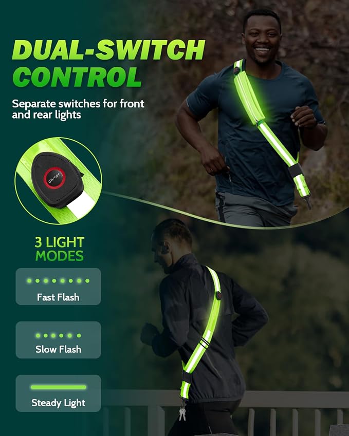 Fitense LED Reflective Belt Sash - 5 Lights Colors & 3 Light Modes High Visibility Night Safety Belt, Rechargeable Light Up Running Gear Adjustable Vest Straps for Runners Walkers Men Women