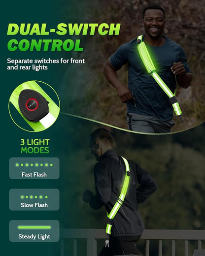 Fitense LED Reflective Belt Sash - 5 Lights Colors & 3 Light Modes High Visibility Night Safety Belt, Rechargeable Light Up Running Gear Adjustable Vest Straps for Runners Walkers Men Women