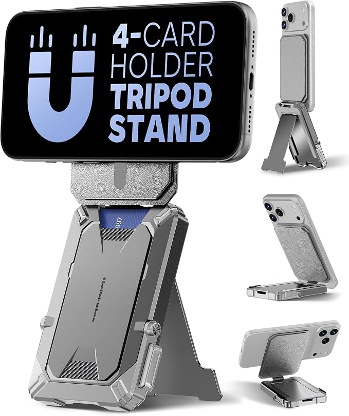 GolbinBox for MagSafe Wallet with Stand, Magnetic Phone Card Holder for Men, Holds 4 Cards with RFID Blocking, Slide-Open Metal Cover, Built-in Kickstand for iPhone 17/16/15/14/13/12 Series, Gray