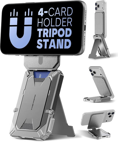 GolbinBox for MagSafe Wallet with Stand, Magnetic Phone Card Holder for Men, Holds 4 Cards with RFID Blocking, Slide-Open Metal Cover, Built-in Kickstand for iPhone 17/16/15/14/13/12 Series, Gray