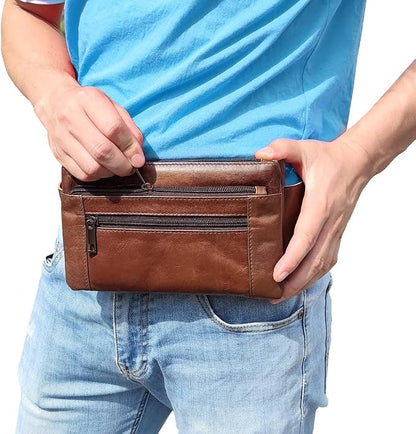 Hebetag Leather Waist Pack Fanny Bag for Men Women Running Travel Hiking Hip Bum Belt Slim Cell Phone Purse Wallet Vintage Retro Crossbody Sling Pouch (Brown)