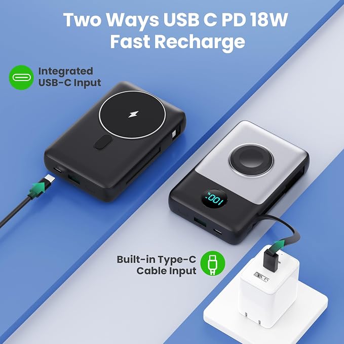6 in 1 Magnetic Portable Charger for iPhone with Built-in Cables, 10800mAh 25W PD Fast Charging Power Bank, 6 Outputs Travel Essential Battery Pack for iPhone 17/16/15/14/13/12 Series,Apple Watch