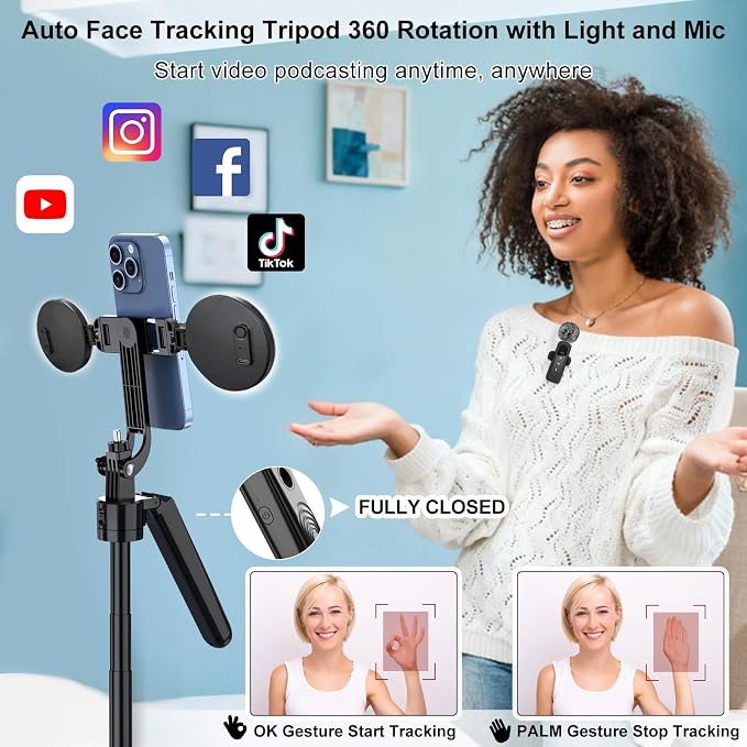 Content Creator Vlogging Kit for iPhone/Android,70-inch Auto Face Tracking Tripod for iPhone with Light and Wireless Microphones,TikTok/YouTube Starter Kit