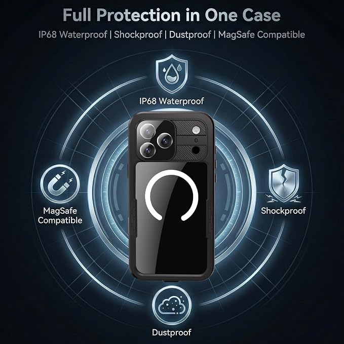 Magnetic for iPhone 17 Pro Max Case Waterproof, Full-Body Protection Case with Built-in Screen and Cameras Protector, Military Shockproof and Dustproof Phone Cover for iPhone 17 Pro Max (Black/Clear)