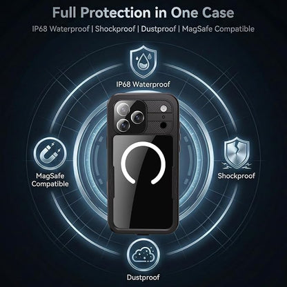 Magnetic for iPhone 17 Pro Max Case Waterproof, Full-Body Protection Case with Built-in Screen and Cameras Protector, Military Shockproof and Dustproof Phone Cover for iPhone 17 Pro Max (Black/Clear)