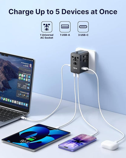 VINTAR 70W GaN Universal Travel Adapter, 5 in 1 with 3 USB-C PD& 1 USB-A QC | International Power Adapter, GaN Fast Charging with Compact Design, All-in-One Travel Essentials for UK/EU/US/AUS, Black