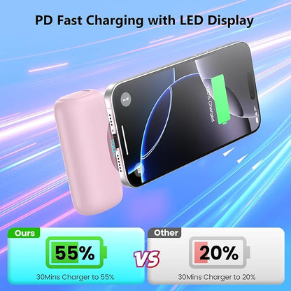 [2-Pack]Mini Portable Charger for iPhone 17, 5500mAh LCD Display USB C Power Bank,Fast Phone Charging Travel Pocket Size Battery Pack for iPhone 17/17 Pro/17 Pro Max/16/15 Series,Android(Black+Pink)