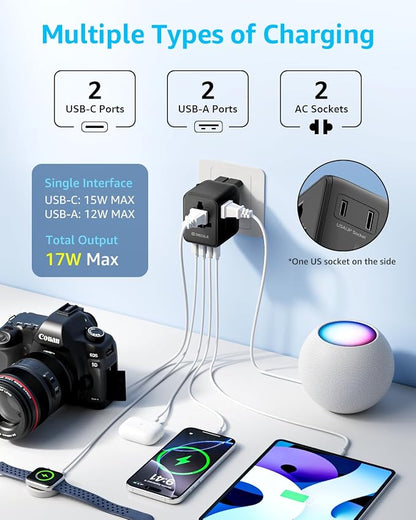 “Pro” Universal Travel Adapter 2 USB-C＆ 2 USB-A Cover 200+ Countries | 17W Max, International Plug Adapter, All in One Portable Adapter, NOT A Voltage Converter, for USA, UK, EU, AU (Black)