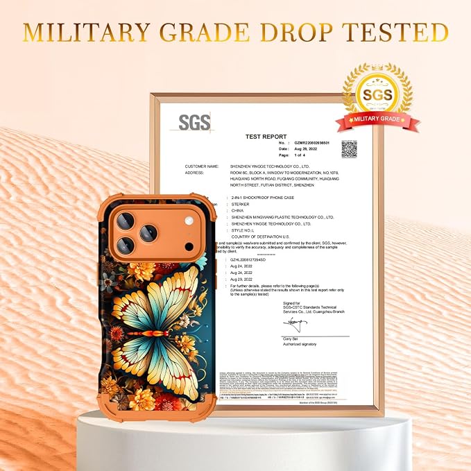 Hocase for iPhone 17 Pro Case 6.3", Heavy Duty Shockproof Protection Soft Silicone Rubber+Hard Plastic Bumpers Hybrid Protective Case for iPhone 17 Pro 2025 - Butterfly in Orange