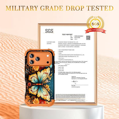 Hocase for iPhone 17 Pro Case 6.3", Heavy Duty Shockproof Protection Soft Silicone Rubber+Hard Plastic Bumpers Hybrid Protective Case for iPhone 17 Pro 2025 - Butterfly in Orange