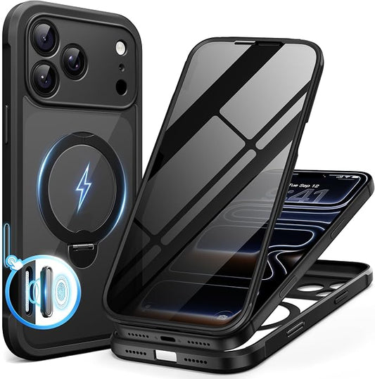 BERFY for iPhone 17 Pro Case, Compatible with MagSafe, Built in Privacy Screen Protector, Shockproof Full Body Phone Case for 17 Pro with Magnetic Stand, Clear Black