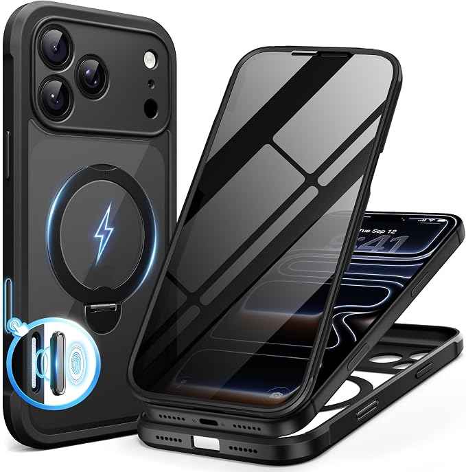 BERFY for iPhone 17 Pro Max Case, Compatible with MagSafe, Built in Privacy Screen Protector, Shockproof Full Body Phone Case for 17 Pro Max with Magnetic Stand, Clear Black