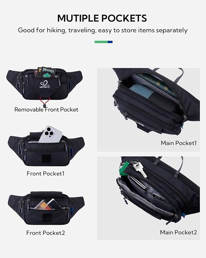 WATERFLY Running Belt Fanny Pack: Runner Marathon Jogging Waist Pack Sport Workout Exercise Fitness Phone Holder Belt for Men Women Jogger Slim Waistband Black
