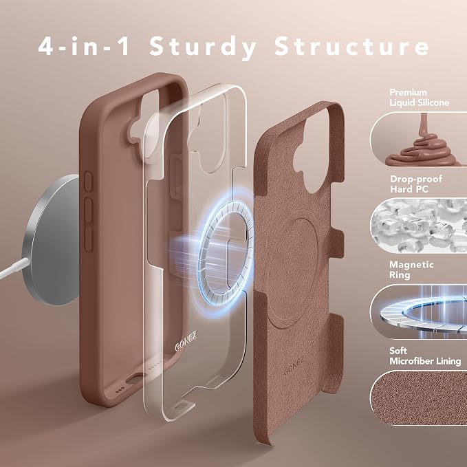 GONEZ Magnetic for iPhone 16 Case, Compatible with MagSafe, [Screen Protector + Camera Lens Protector], Liquid Silicone Shockproof Protective Phone Case for iPhone 16 6.1", Brown