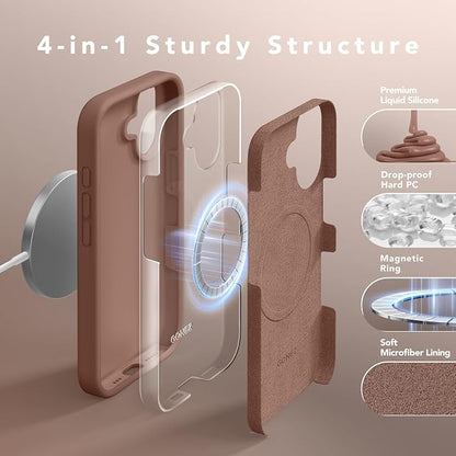 GONEZ Magnetic for iPhone 16 Case, Compatible with MagSafe, [Screen Protector + Camera Lens Protector], Liquid Silicone Shockproof Protective Phone Case for iPhone 16 6.1", Brown