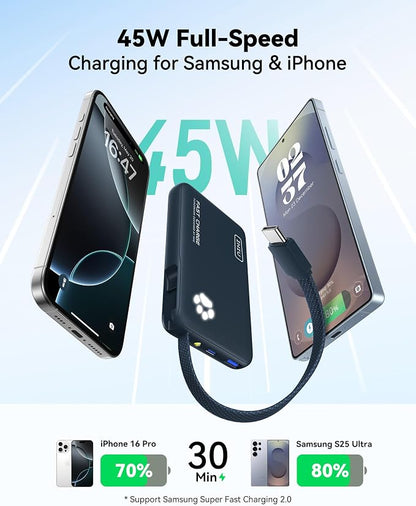 INIU Portable Charger, Slim 10000mAh Power Bank with Built-in USB-C, 45W Fast Charging Flight Travel Essentials, for College Students Men Women Girl Boy