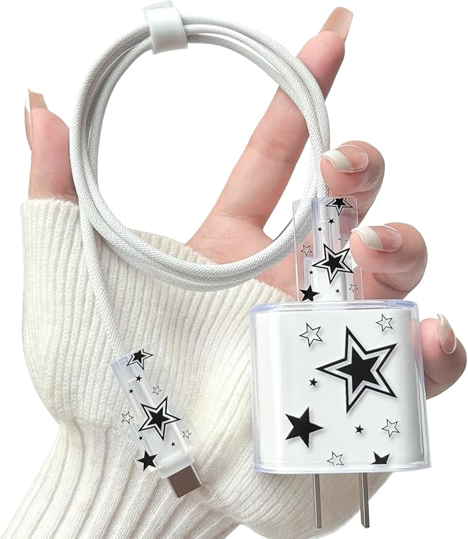 Lovmooful Compatible for iPhone 18W/20W USB-C Charger Cover Clear Lovely Star Design Soft Charger Protector Cute Cable Case Saver Protector for Girls Women-Black Star