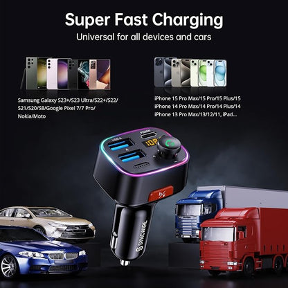 Syncwire Bluetooth 5.4 FM Transmitter Car Adapter 48W (PD 36W & 12W) [Light Switch] [HiFi Bass Sound] [Fast Charging] Wireless Radio Music Adapter LED Display Hands-Free Calling Support USB Drive