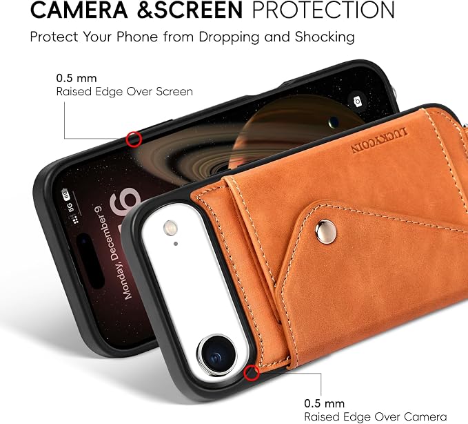 LUCKYCOIN for iPhone Air Crossbody Wallet Case – Genuine Leather Phone Purse with Adjustable Strap and Card Holder,Lanyard Phone Purse Case for Women,Vintage Brown