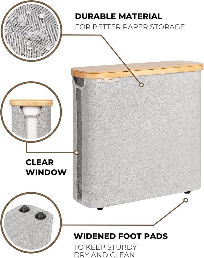 StorageWorks Large Toilet Paper Storage with Bamboo Lid, Toilet Paper Holder Basket for Up to 12 Mega or 16 Regular Size Rolls, Paper Storage Baskets for Bathroom, Grey, 1 Pack