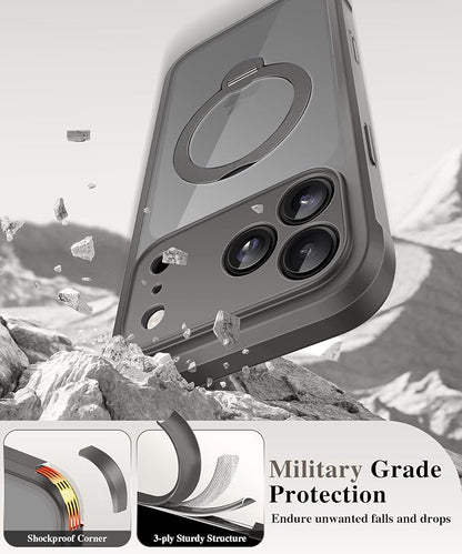 BERFY for iPhone 17 Pro Max Case, Compatible with MagSafe, Built in Privacy Screen Protector, Shockproof Full Body Phone Case for 17 Pro Max with Magnetic Stand, Clear Grey