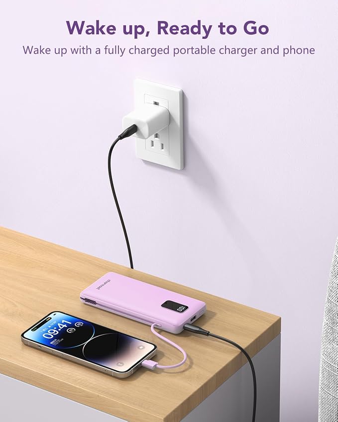 charmast Portable Charger with Built-in Cables & Wall Plug, 10000mAh Portable Power Bank, External Battery Pack Travel Essentials Compatible with iPhone 16/15/14/13, Samsung, iPad etc