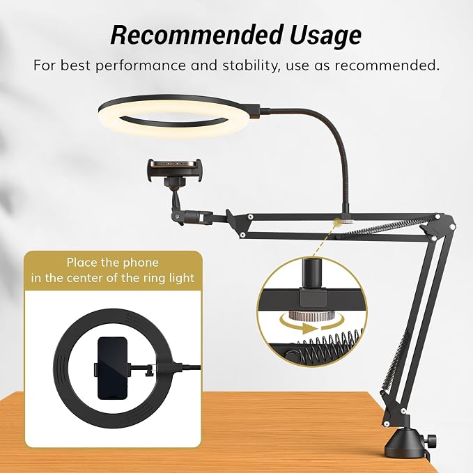 TONOR Overhead Ring Light Kit, 10" Ringlight with Heayy Duty Boom Arm and Phone Holder, Adjustable Angle, Suitable for Video Recording, Live Stream, Drawing, Makeup Nail