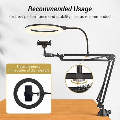 TONOR Overhead Ring Light Kit, 10" Ringlight with Heayy Duty Boom Arm and Phone Holder, Adjustable Angle, Suitable for Video Recording, Live Stream, Drawing, Makeup Nail