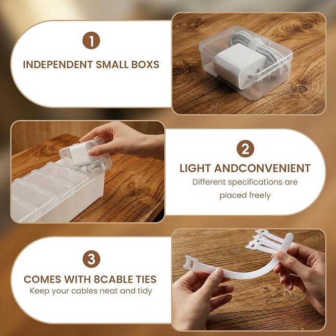 8 Individual Cable Organizer Boxes With Base, Cord Storage Organizer With Labels And Cable Straps For Charging Cables, Adapters, Earphones (8 pcs Individual Cable, 2 Pack)