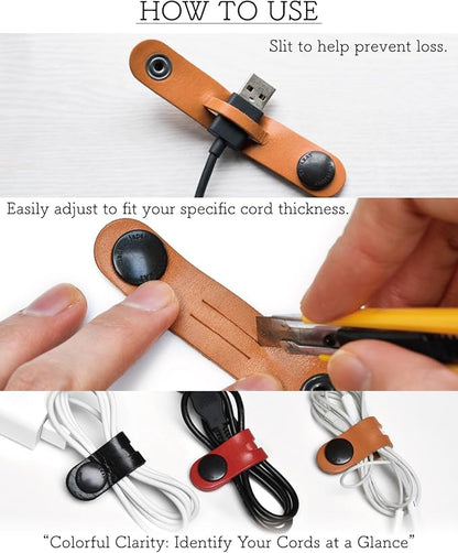 TAVARAT Cord Organizer, Long size, Cable Organizer, Charger Organizer, made in Japan, Genuine Leather, Cable Straps, (Long size, Black, set of 3)