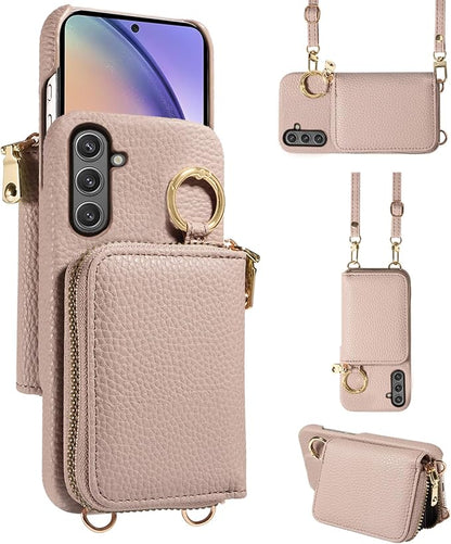 Wallet Case for Samsung Galaxy A26 5G with Shoulder Strap Ring Buckle, Luxury PU Leather Zipper Flip Organ Purse, Credit Card Holder Stand Full Body Cell Phone Cover for A 26 26A LTE Khaki