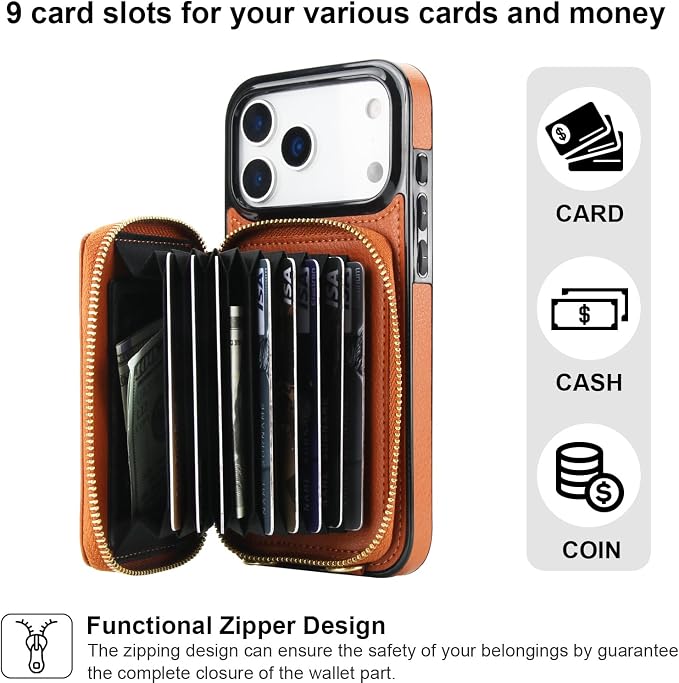 Bocasal Crossbody Wallet Case for iPhone 17 Pro Max, RFID Blocking Leather Purse Case with Card Holder, Protective Handbag Flip Cover with Zipper Wrist Strap Lanyard for Women 5G 6.9 Inch (Brown)