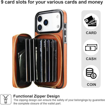 Bocasal Crossbody Wallet Case for iPhone 17 Pro Max, RFID Blocking Leather Purse Case with Card Holder, Protective Handbag Flip Cover with Zipper Wrist Strap Lanyard for Women 5G 6.9 Inch (Brown)