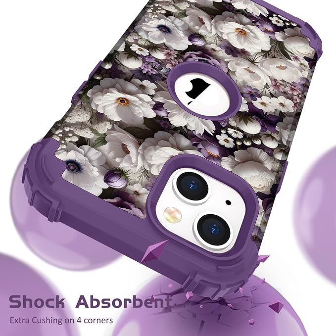Hocase for iPhone 14 Case/iPhone 13 Case, Heavy Duty Shockproof Protection Soft Silicone Rubber+Hard Plastic Bumpers Hybrid Protective Case for iPhone 13/14 (6.1") - White Flowers