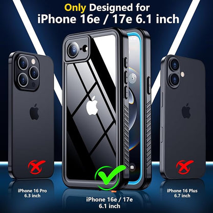 SPIDERCASE for iPhone 16e Case/iPhone 17e Case Waterproof,Built-in Screen & Camera Lens Protector[IP68 Underwater] Full Body Protection Phone Case for iPhone 16e/iPhone 17e 6.1'', Blue/Clear
