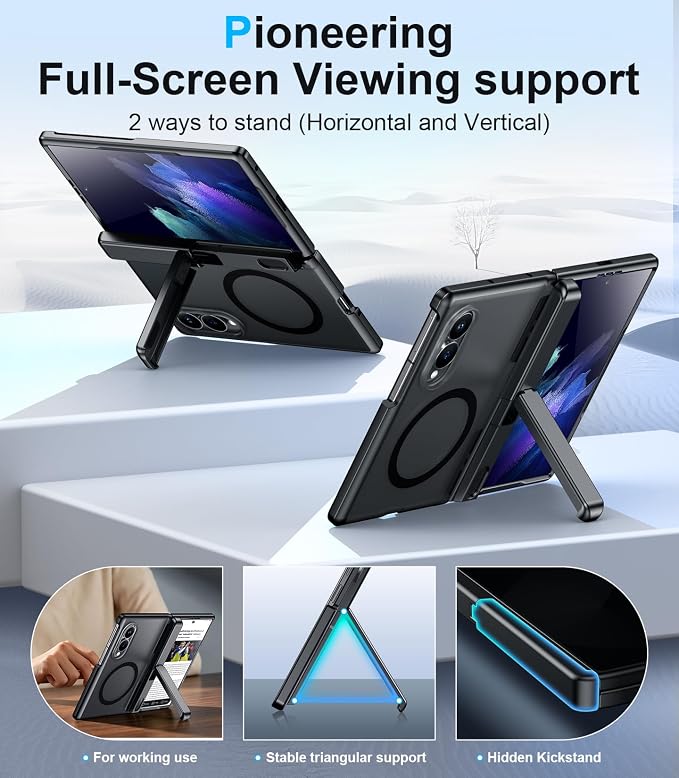 for Samsung Galaxy Z Fold 8 Case,[Compatible with MagSafe][Built-in HD Screen Protector & Kickstand][Hinge Protection] Translucent Matte Full-Body Shockproof Phone Case for Z Fold 8 Wide,Black