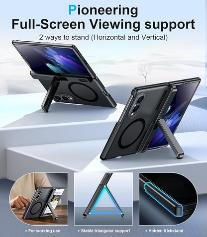 for Samsung Galaxy Z Fold 8 Case,[Compatible with MagSafe][Built-in HD Screen Protector & Kickstand][Hinge Protection] Translucent Matte Full-Body Shockproof Phone Case for Z Fold 8 Wide,Black