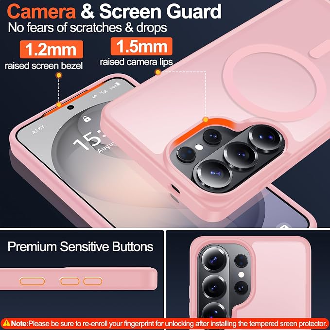 MOZOTER for Samsung Galaxy S26 Ultra Case with Magnetic,[Compatible with MagSafe][12Ft Military Dropproof][2*Screen Protector] Translucent Anti-Slip Back Slim Shockproof Case for S26 Ultra-Pink | [12Ft Military Dropproof][2*Screen Protector]Translucent...