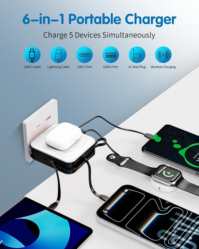 10000mAh for Magsafe Portable Charger Built-in Cables & AC Wall Plug,White | 6-in-1,PD 22.5W USB C Fast Charging,15W Magnetic Wireless Charging,Charge 5 devices at once,LED Display Travel Power Bank