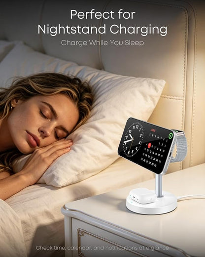 3 in 1 Magnetic Wireless Charging Station, 15W Fast Charger Stand for iPhone, Phone Charger Stand for Desk Nightstand, Compatible with iPhone 17/16/15/14, Apple Watch & AirPods, Adapter Not Included
