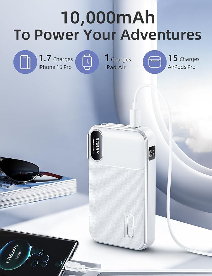 RORRY Portable Charger w/Wall Plug 10000mAh Power Bank 22.5W Battery Pack | Built in Cables, Fast Charging, for iPhone, iPad, Samsung Galaxy, Pixel, LG, Travel Essential, Digital Display, Pocket Size
