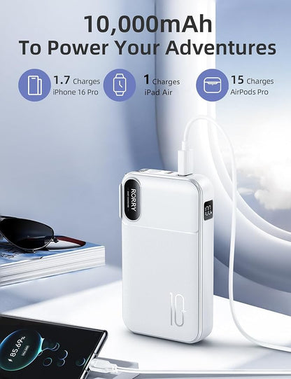 RORRY Portable Charger w/Wall Plug 10000mAh Power Bank 22.5W Battery Pack | Built in Cables, Fast Charging, for iPhone, iPad, Samsung Galaxy, Pixel, LG, Travel Essential, Digital Display, Pocket Size
