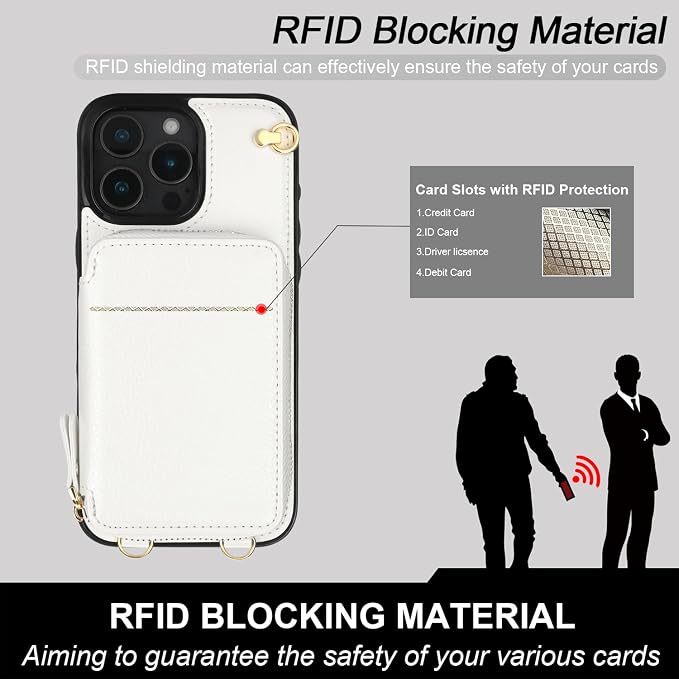 Bocasal Crossbody Wallet Case for iPhone 16 Pro Max, RFID Blocking Leather Purse Case with Card Holder, Protective Handbag Flip Cover with Zipper Wrist Strap Lanyard for Women 5G 6.9 Inch (White)