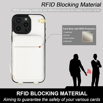 Bocasal Crossbody Wallet Case for iPhone 16 Pro Max, RFID Blocking Leather Purse Case with Card Holder, Protective Handbag Flip Cover with Zipper Wrist Strap Lanyard for Women 5G 6.9 Inch (White)