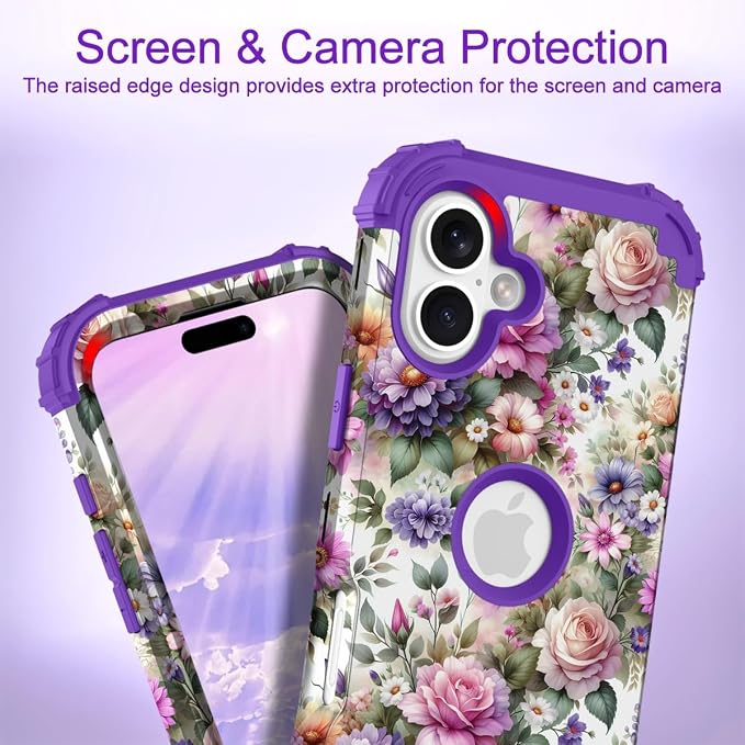 Hocase for iPhone 16 Plus Case 6.7", Heavy Duty Shockproof Protection Soft Silicone Rubber+Hard Plastic Bumpers Hybrid Protective Case for iPhone 16 Plus 2024 - Purple Pink Flowers