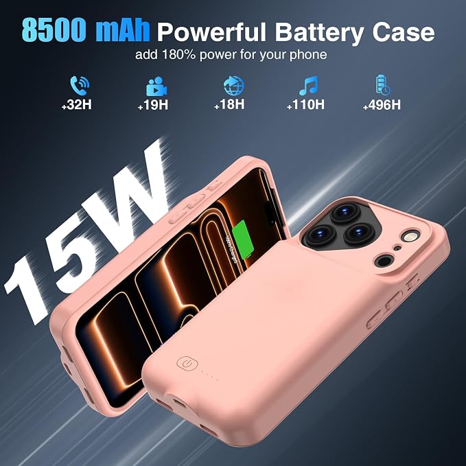 GIN FOXI Battery Case for iPhone 17 Pro, Rechargeable Charging Case Charger 8500mAh Ultra-Slim Lightweight Powerful Battery Pack 15W Fast Anti-Fall TPU Juice Box for 17 Pro (6.3") Pink