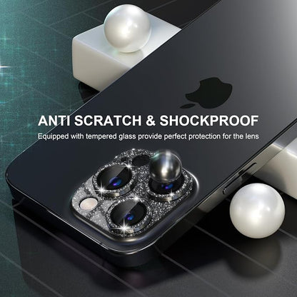 Choiche for iPhone 14 Pro/iPhone 14 Pro Max Camera Lens Protector, Bling Camera Cover with 9H Tempered Glass Lens Screen Protector Metal Ring Decoration Accessories (Glitter-Black)
