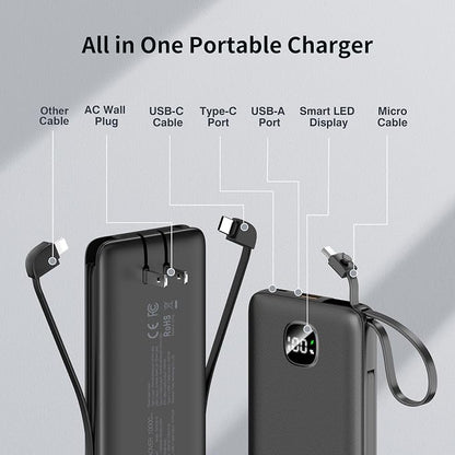 penaover Portable Charger with Built-in Cables&AC Wall Plug,Slim 10000mAh 22.5W Fast Charging Power Bank,5 Output 2 Input USB-C External Battery Pack Compatible with iPhones,Android,Samsung, etc