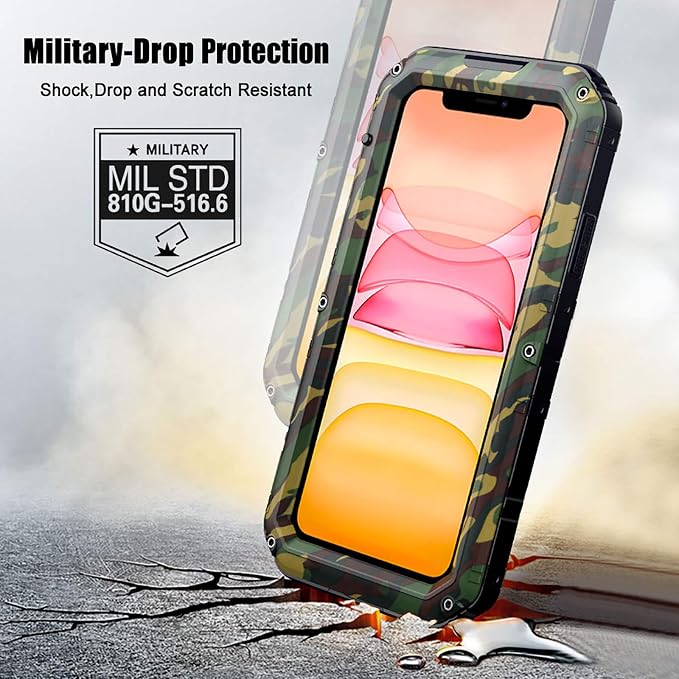 Beasyjoy for iPhone 11 Military-Grade Waterproof Metal Case - Full Body Protection, Shockproof, Dustproof, Built-in Screen, Outdoor (Camo)