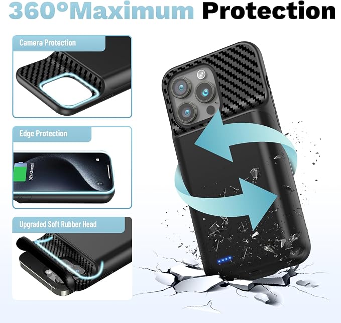 13800mAh Battery Case for iPhone 15Pro Max (6.7 inch), [2026 Upgraded] Portable Battery Charging Case, Rechargeable Battery Back Charger Case with Tempered Glass Screen Protector, Black